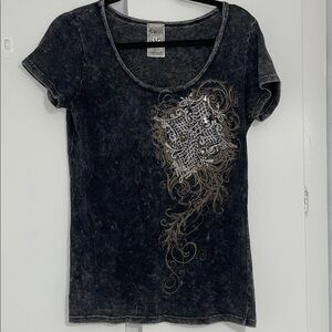 Vocal Bling Mineral Washed Short Sleeve Moto western style cross shirt L/XL